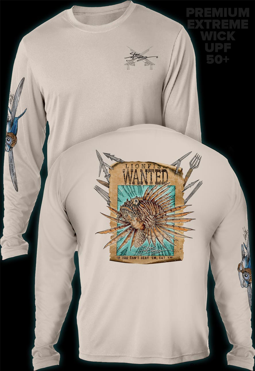 "Lionfish Wanted Poster"  Men's Extreme Wick Long Sleeve Performance Shirt ᴜᴘꜰ-ᴛᴇᴇ